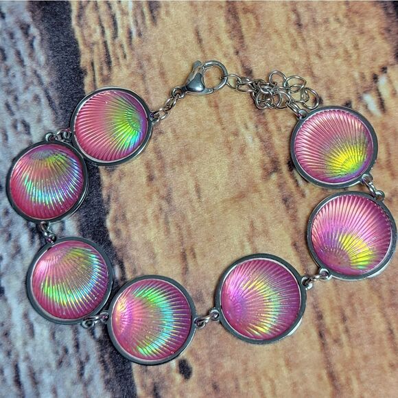 Pink Topaz Seashell Charm Station Bracelet - Picture 5 of 11